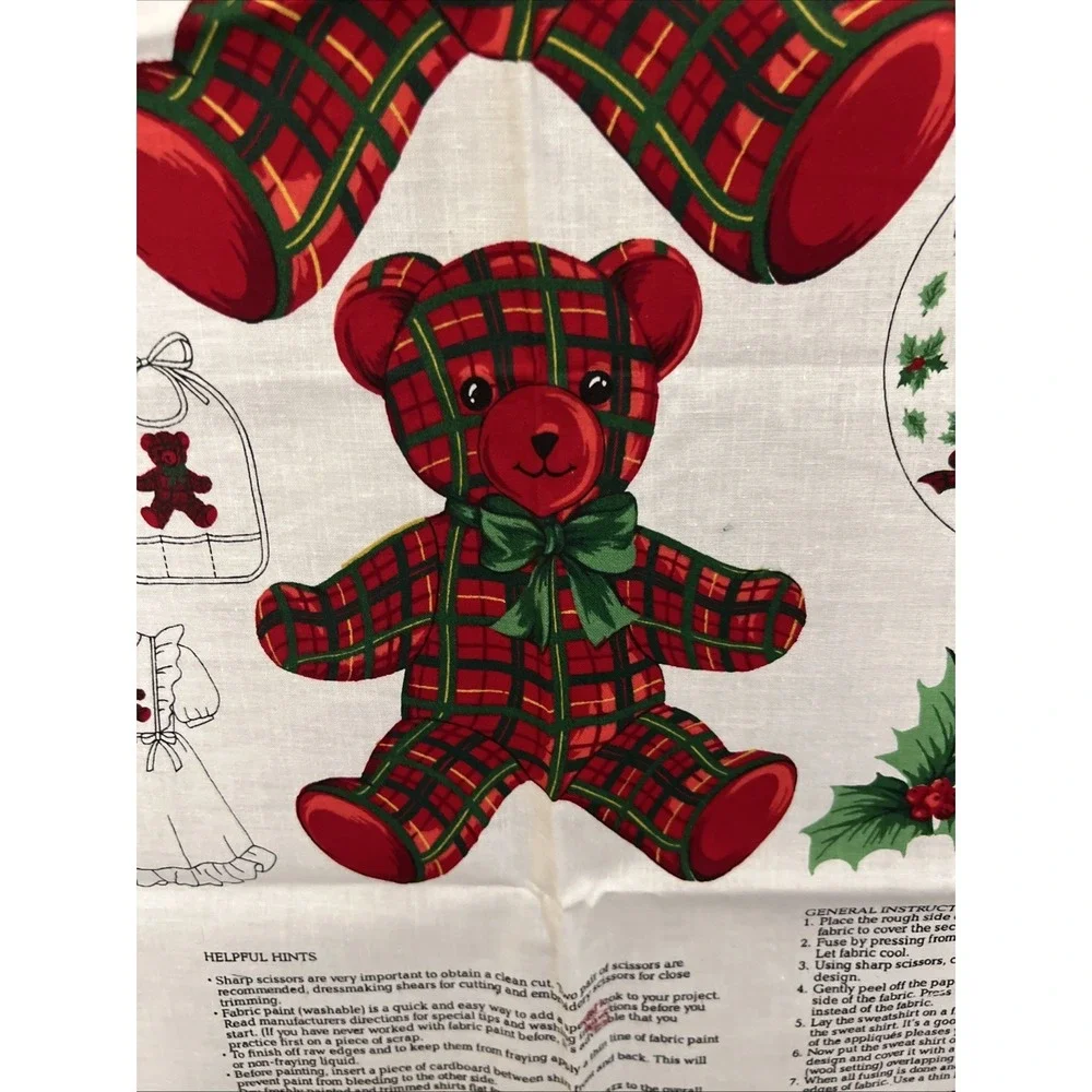 Vintage Christmas Red Plaid Teddy Bear Bows Applique Fabric Panel Cranston
